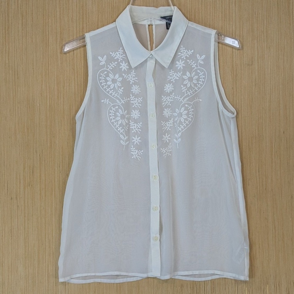 Forever 21 Top Women Small White Floral Embroidered Sheer Feminine Twee Layering